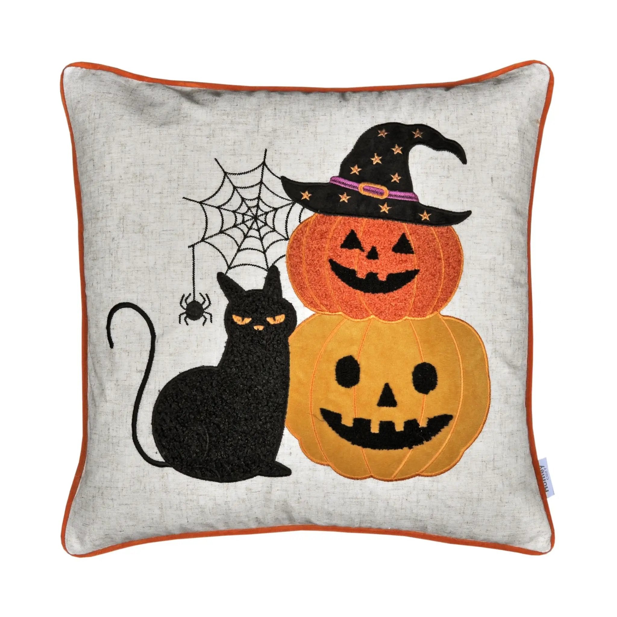 Embroidered Halloween Cat & Pumpkin Throw Pillow by HouseOfZazla