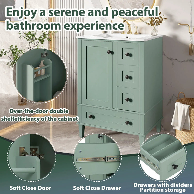 Bathroom Vanity With Integrated Basin, Soft Close Drawers, Door Mounted Double Layer Shelf by Unique Piece Furniture
