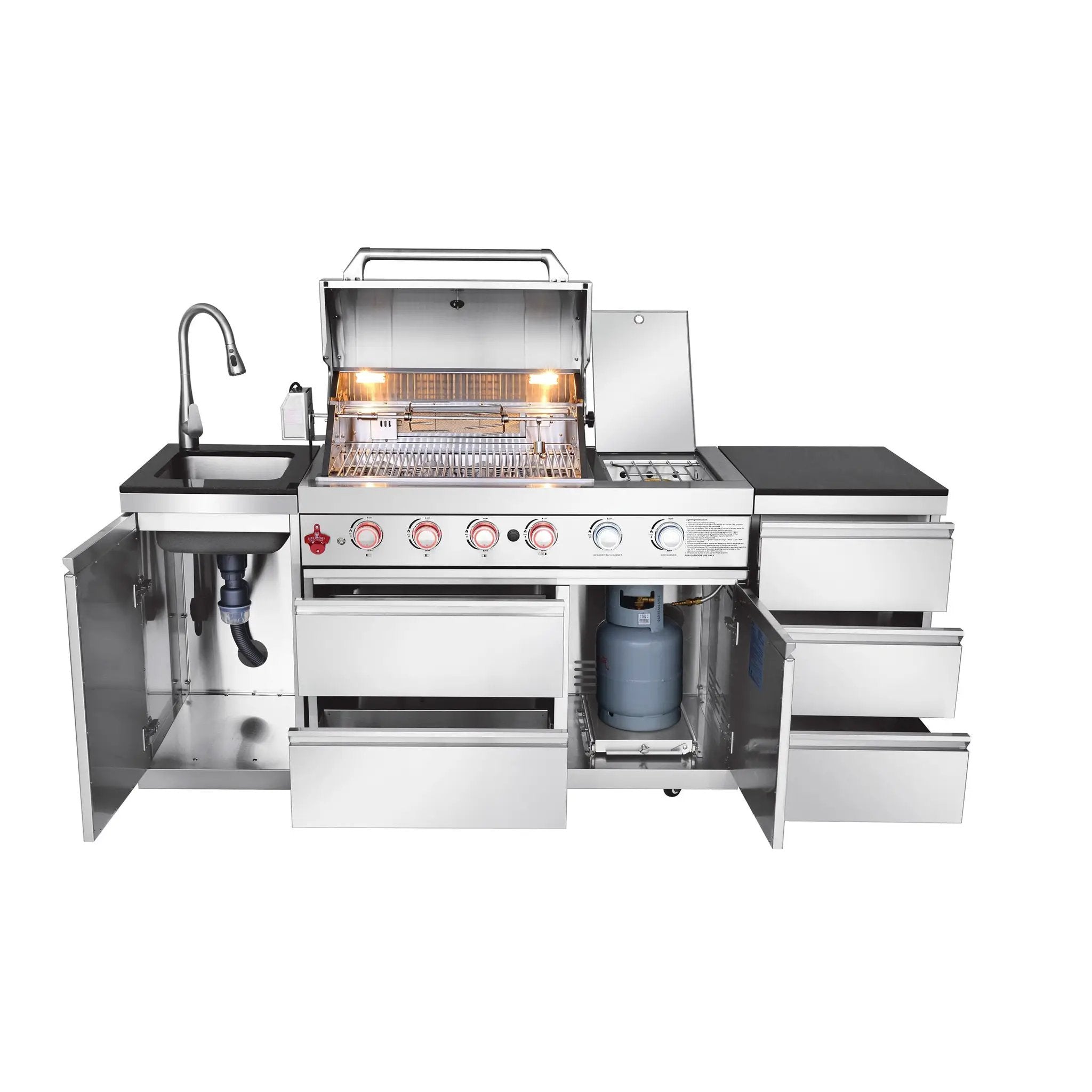 83.3" 4+1 Burner 71,500 BTU Silver Outdoor Kitchen Island Grill with Sink by Chery Industrial