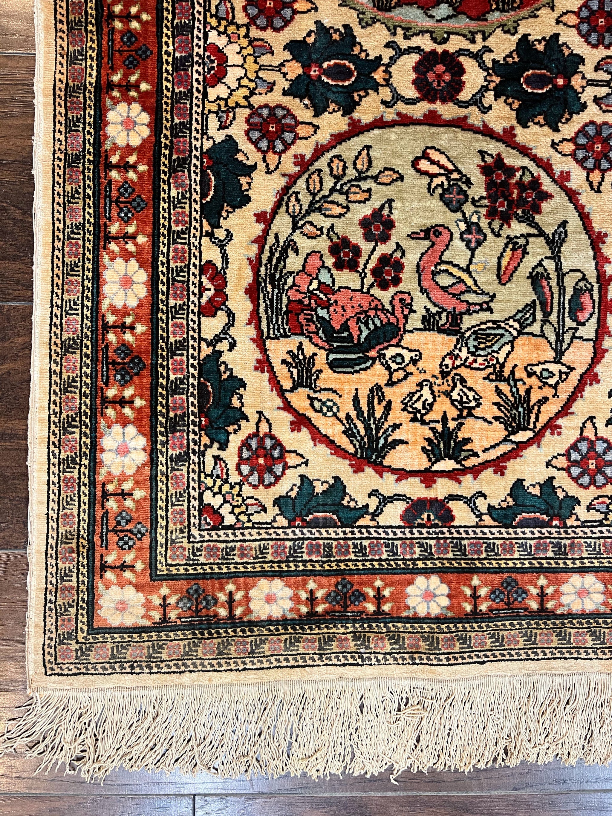 Silk Turkish Rug 2x4, Fine Handmade Oriental Rug, Animal Pictorial Birds Silk Pile on Silk Foundation Vintage Hand Knotted Hereke Carpet by Jewel Rugs