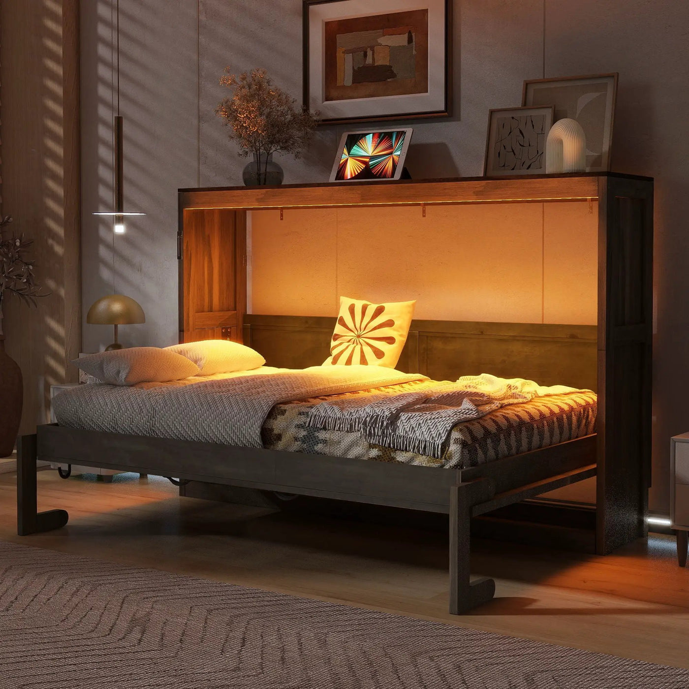 Murphy Bed With LED Light, Foldable Wall Bed Cabinet by Unique Piece Furniture