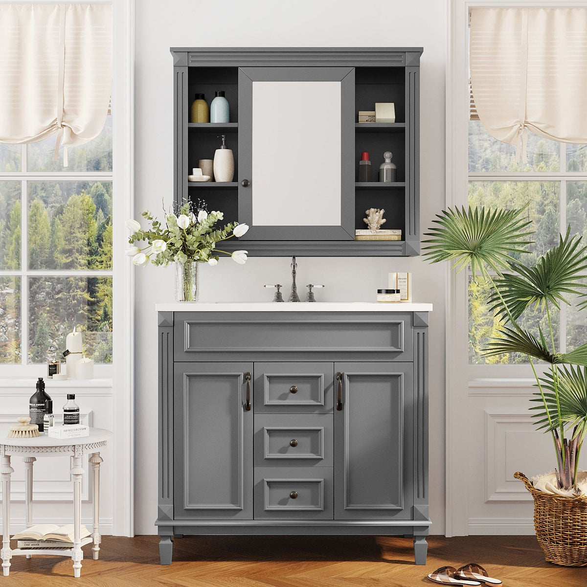 Bathroom Vanity with Sink and Mirror Cabinet with Soft-Closing Doors - Black, Blue, White, Dark Gray, photo 12 of 16