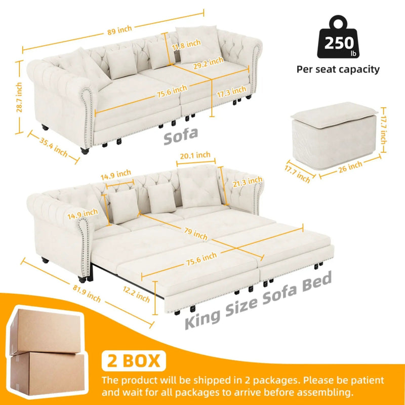 3 In 1 Convertible Sleeper Sofa Bed With Movable Ottoman by HouseOfZazla
