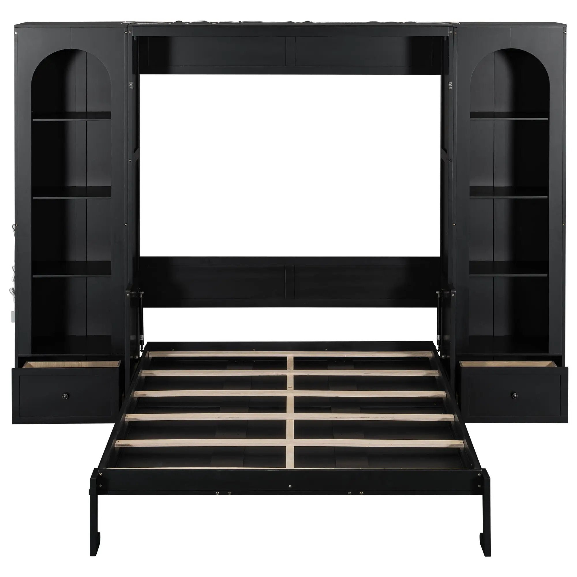 French Style Murphy Platform Bed With Shelf, Side Cabinets, Drawers And LED
