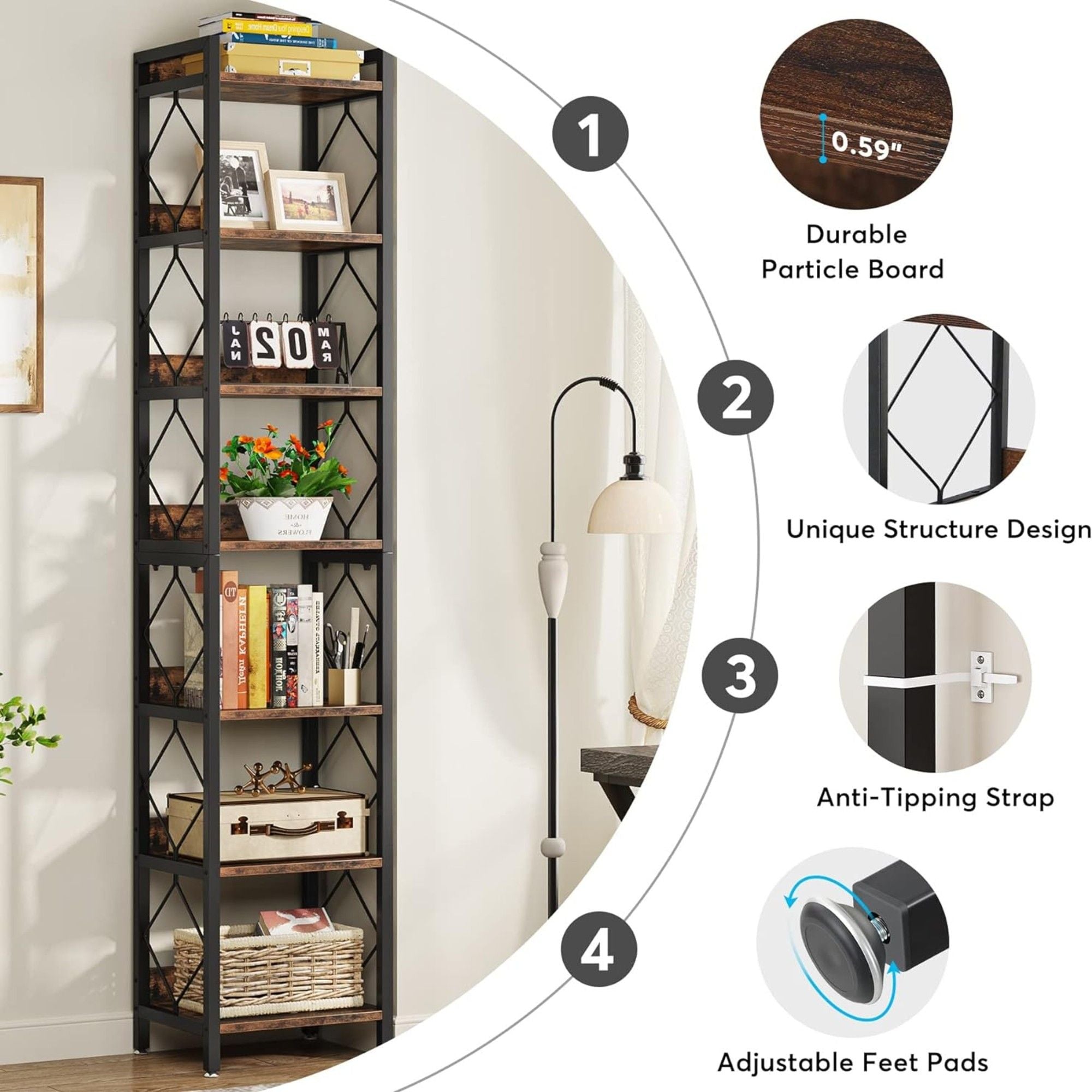 Extra Tall 7 Tier Narrow Corner Bookshelf Storage Display Rack For Living Room - Rustic Brown by HouseOfZazla