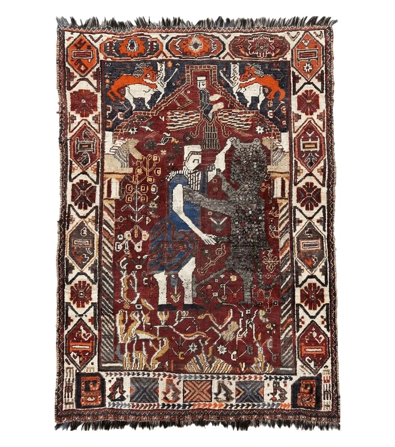 Antique Persian Shiraz Pictorial Rug 3.6 x 5, Persian Tribal Rug, Handmade, Lions, Highly Unique Collectible Small Persian Carpet, Maroon, Wool by Jewel Rugs