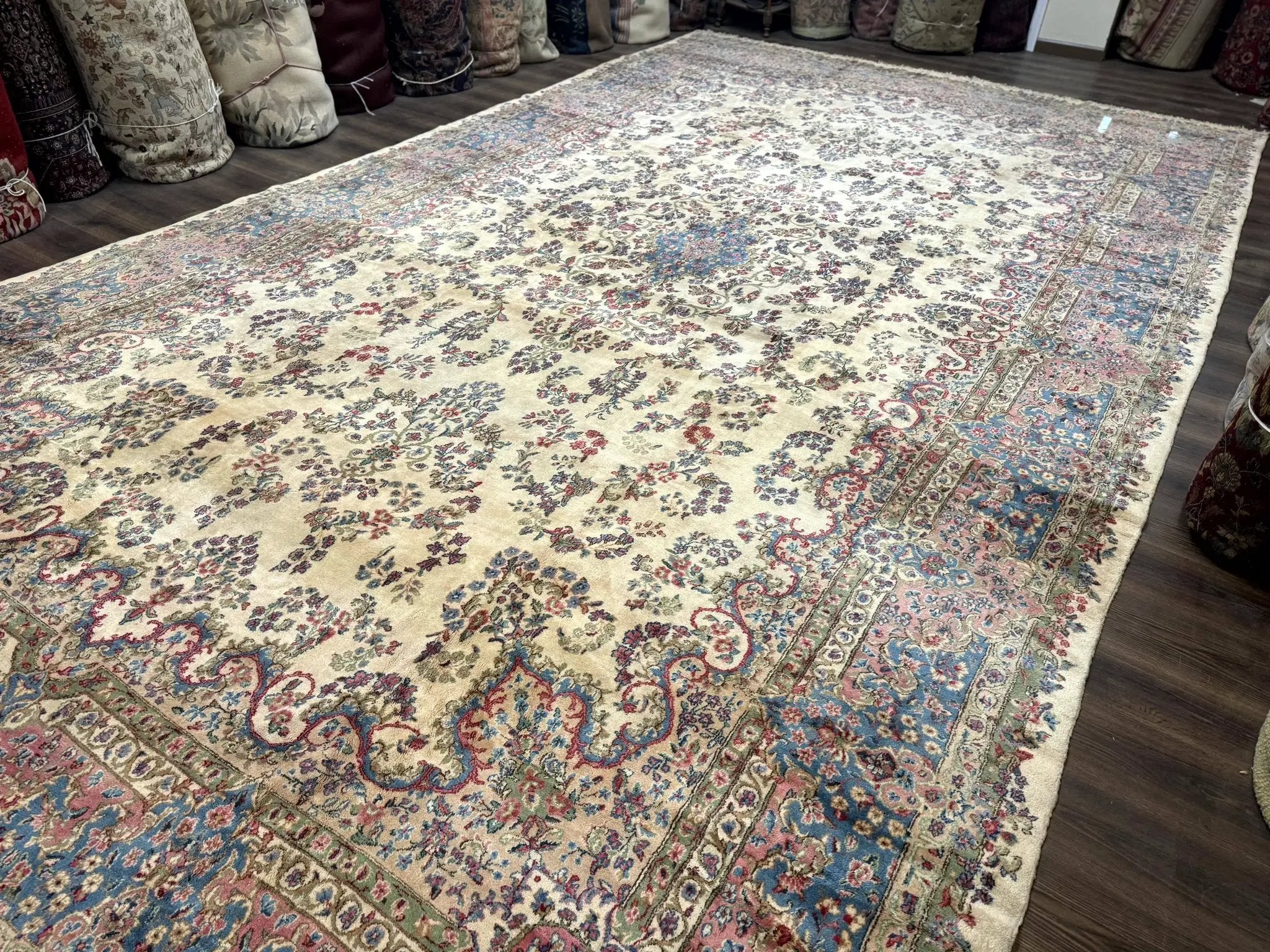 Palace Size Persian Kerman Rug 11x20 ft, Very Fine 340 KPSI, Vintage Oversized Wool Handmade Large Persian Carpet, Beige Light Blue Pink by Jewel Rugs