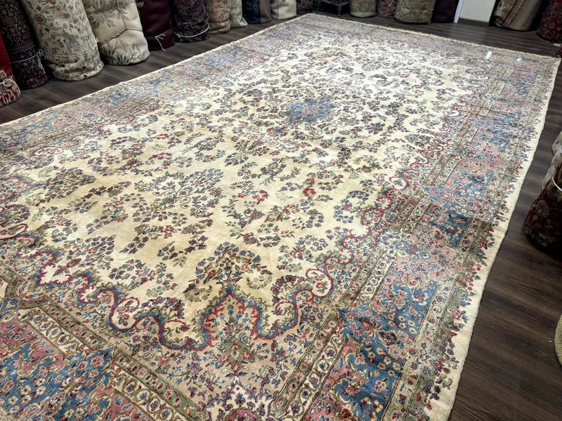 Palace Size Persian Kerman Rug 11x20 ft, Very Fine 340 KPSI, Vintage Oversized Wool Handmade Large Persian Carpet, Beige Light Blue Pink by Jewel Rugs