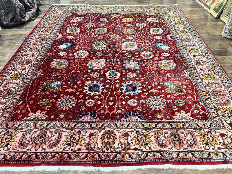 Persian Tabriz Rug 10x12, Floral Allover, Handmade Vintage Wool Carpet, Red and Cream by Jewel Rugs