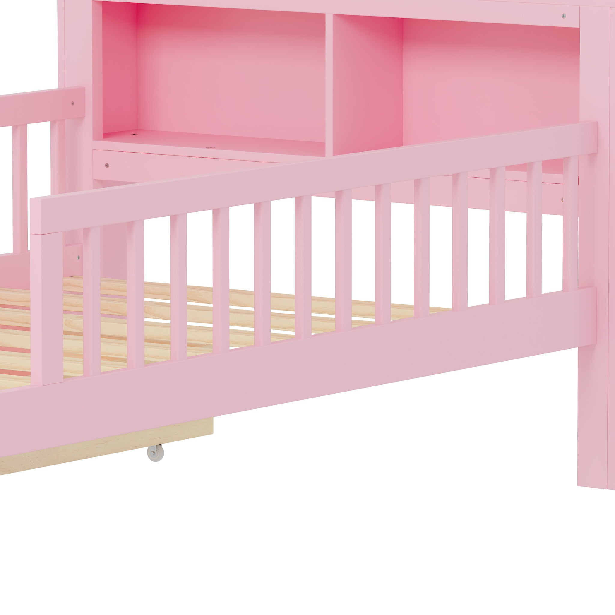 Bed With Headboard Storage Rack, 2 Under Bed Drawers, 3 Side Guardrails For Safety by HouseOfZazla