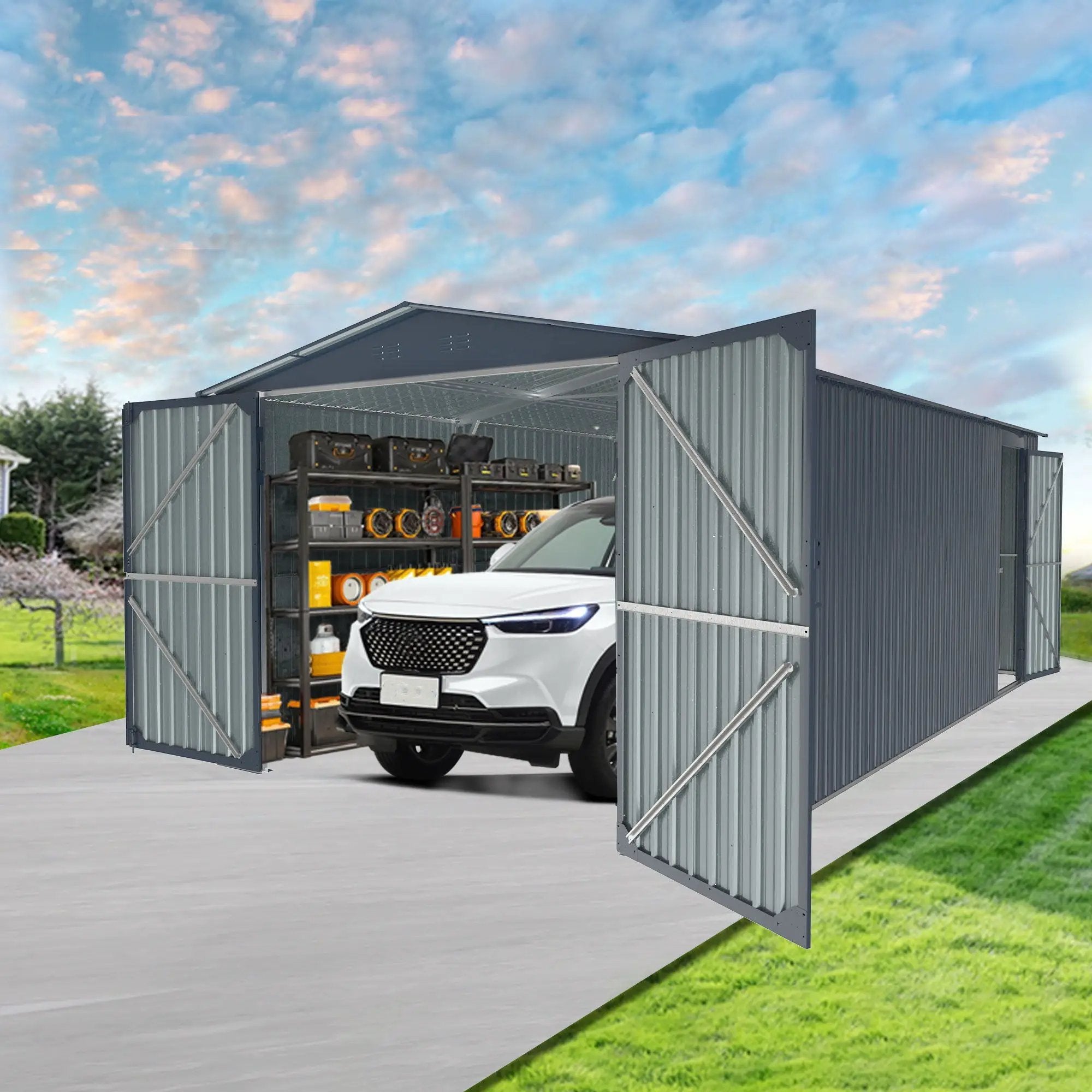Outdoor Storage Shed, Garden Shed Backyard Utility Tool House Building With 2 Doors And 4 Vents For Car, Truck, Bike, Garbage Can, Tool, Lawnmower by HouseOfZazla