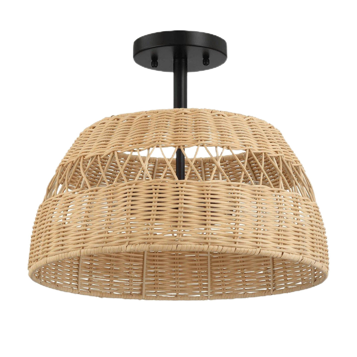 Double Lights Semi Flush Ceiling Lamp with Rattan Shade - Black, photo 9 of 9