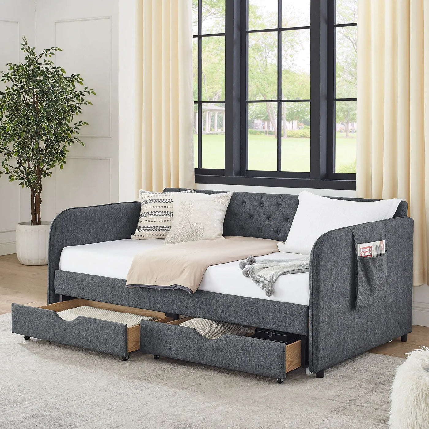 Daybed With Trundle And Storage Drawers, Flat Arms With Pocket by Unique Piece Furniture