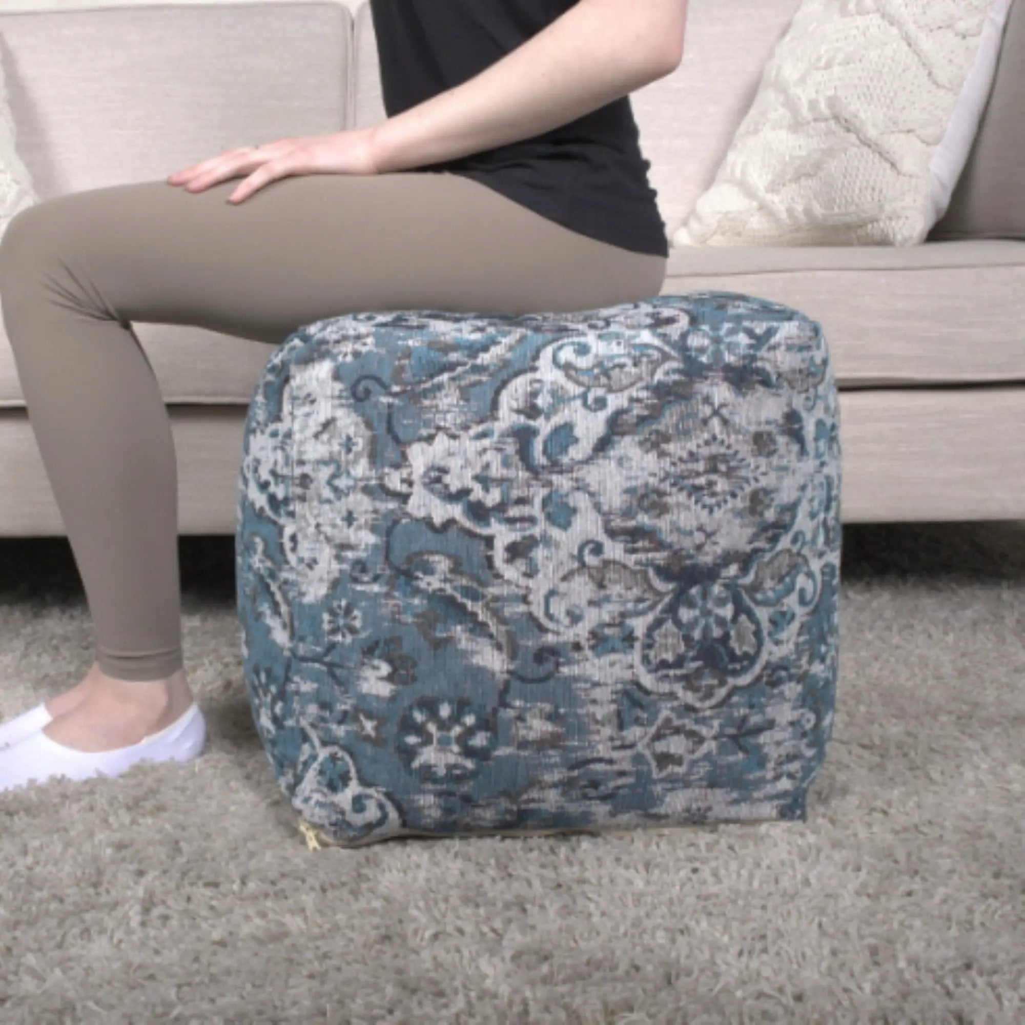 Anita - Square Pouf Ottoman And Floor Cushion - Blue by HouseOfZazla