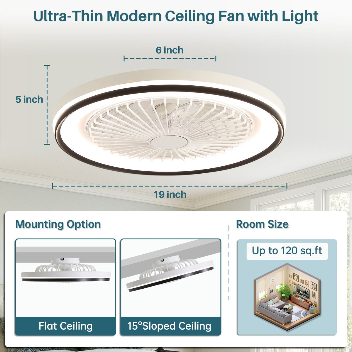 RGB Dimmable LED Bladeless Ceiling Fan with Remote Control, photo 3 of 4