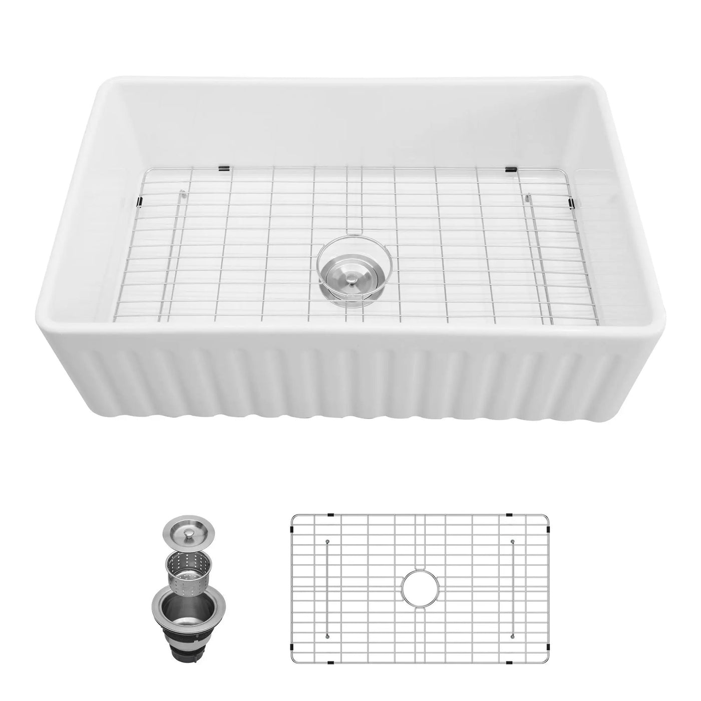 Ceramic Farmhouse Sink With Deep Basin And Stainless Steel Grid by HouseOfZazla