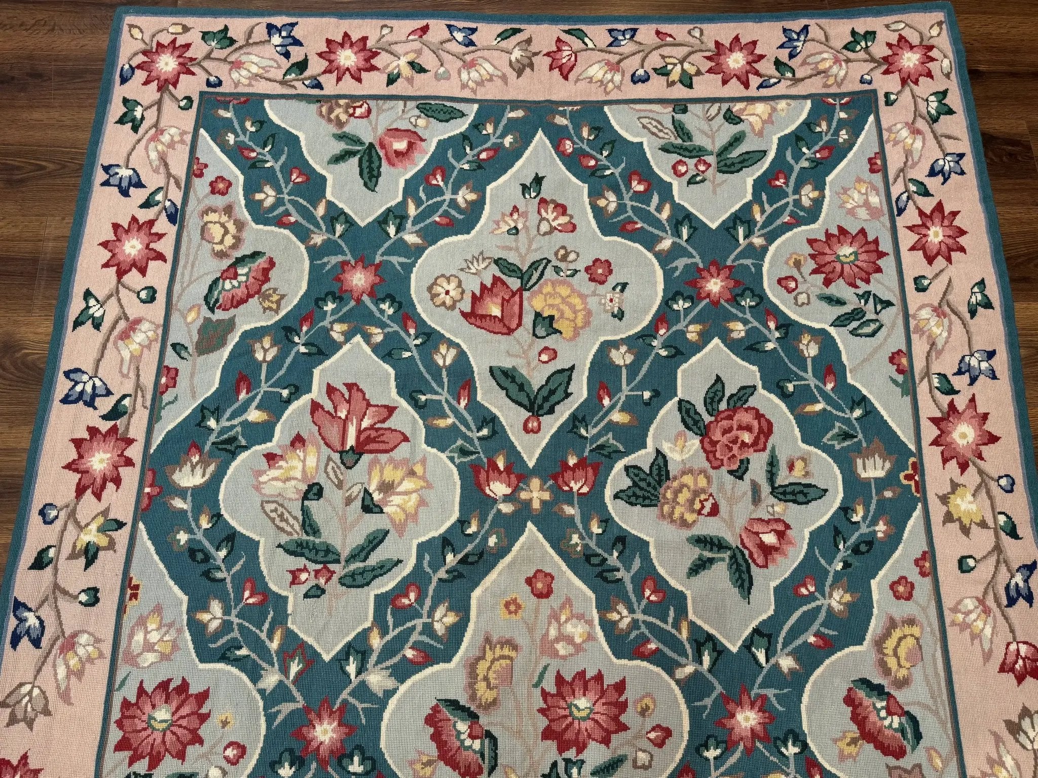 Teal Needlepoint Rug 6x9, Panel Design, Floral Bouquets, Handmade by Jewel Rugs