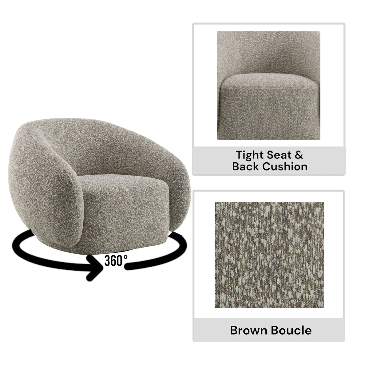 Isabel Swivel Chair with Bouclé Upholstery and Wooden Frame - Light Brown or Beige, photo 8 of 8