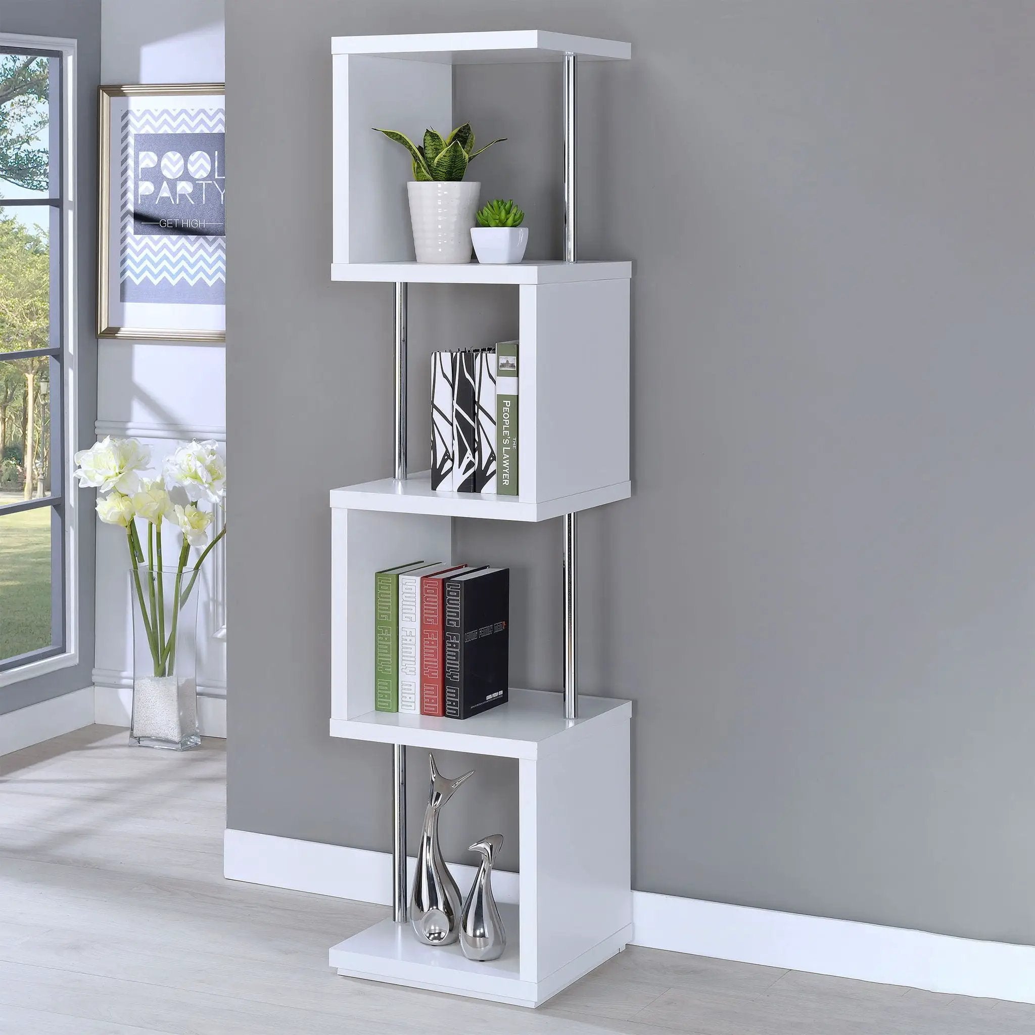 Baxter 67-inch 4-shelf Bookshelf White and Chrome by Unique Piece Furniture