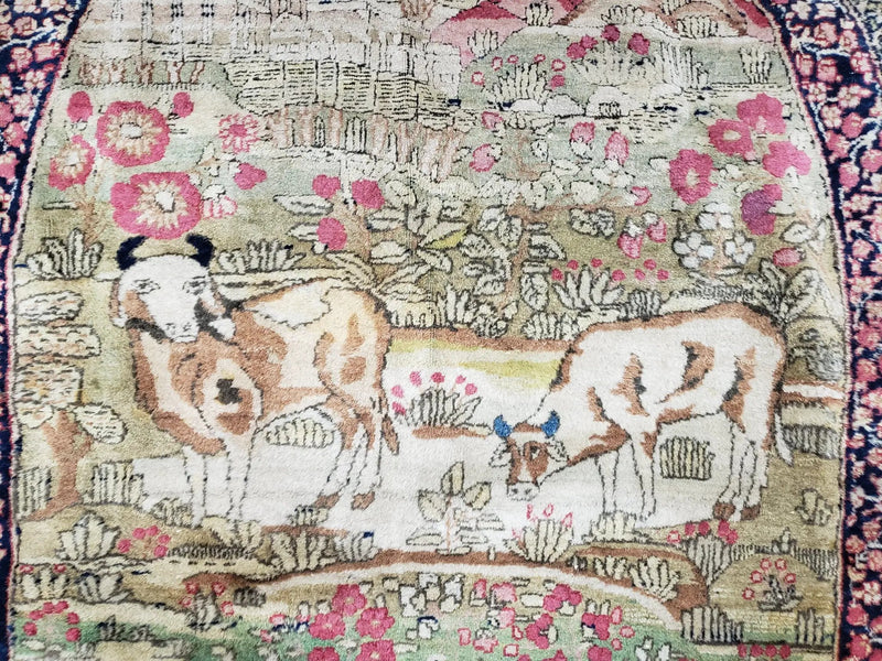 Antique Persian Kerman Lavar Rug 4.4 x 7.5, Highly Collectible Rare, 1880s Rug, Millefleurs, Cows, Wool Hand Knotted, Pictorial by Jewel Rugs