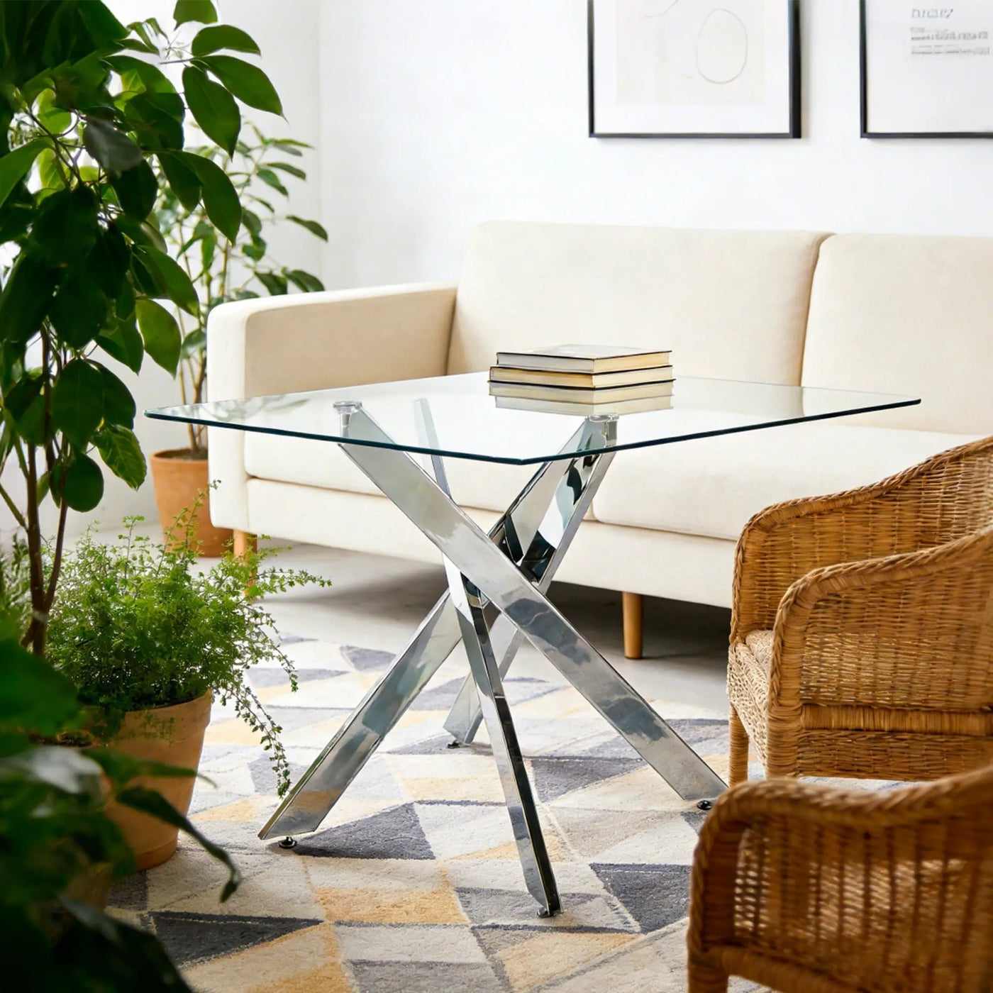 Dining Table With Cross Metal Leg And Tempered Glass, Modern Space Saving Kitchen Table For Living Room Legs, Square Table by HouseOfZazla