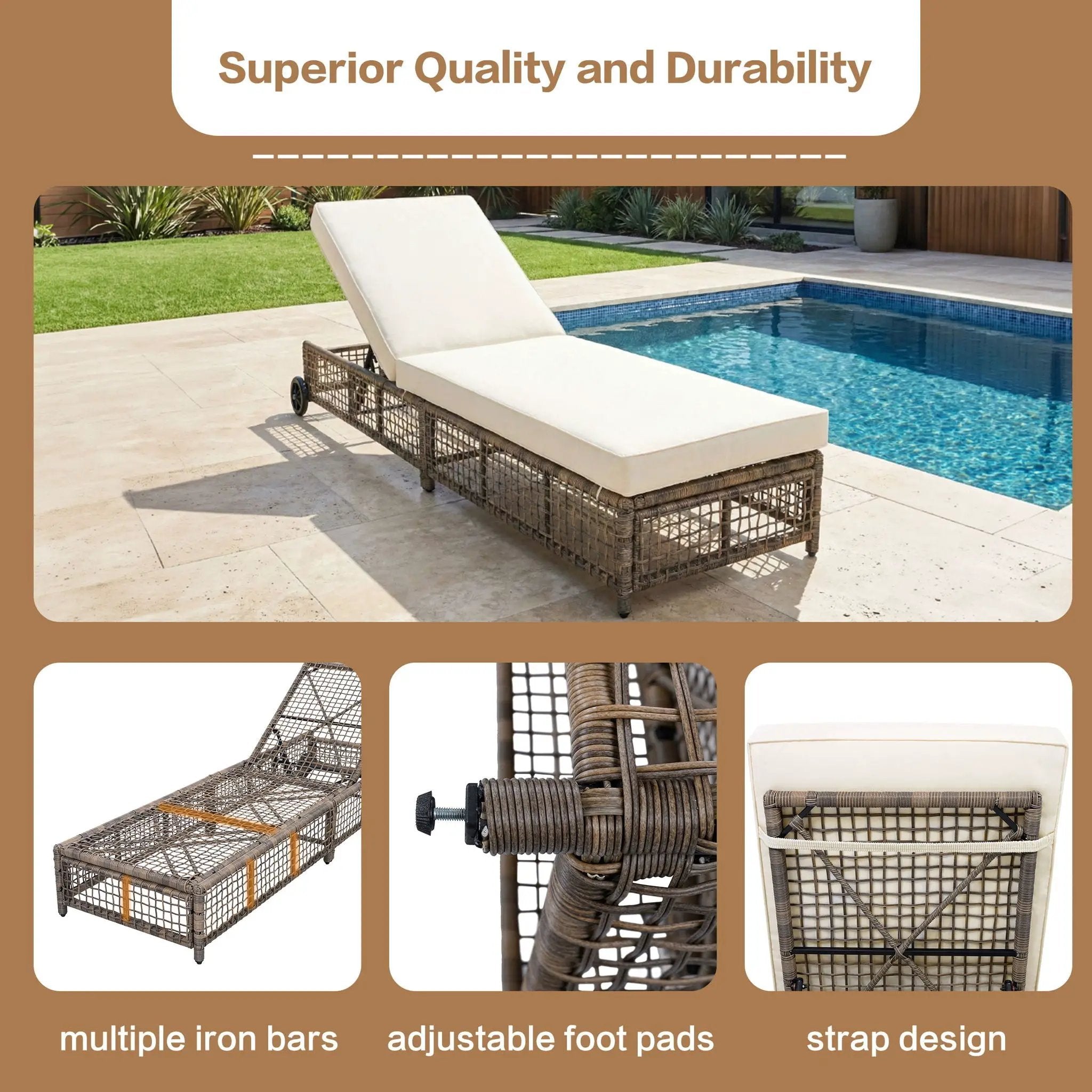 Outdoor Lounge Chair With 5 Position Backrest With Cushion And Wheels by HouseOfZazla