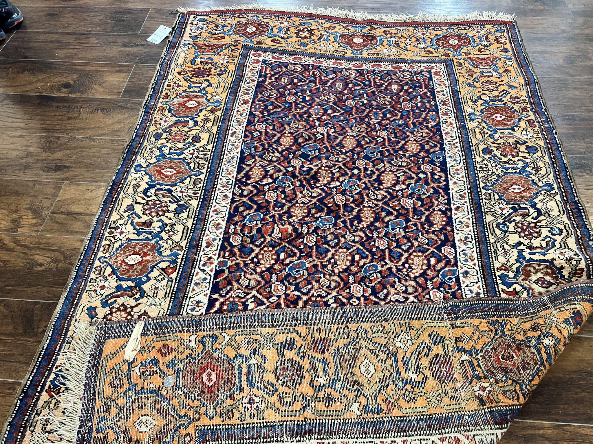 Persian Senneh Rug 4x8, Wool Hand Knotted Antique Kurdish Carpet, Navy Blue Oriental Area Rug, 4 x 8 Rug by Jewel Rugs
