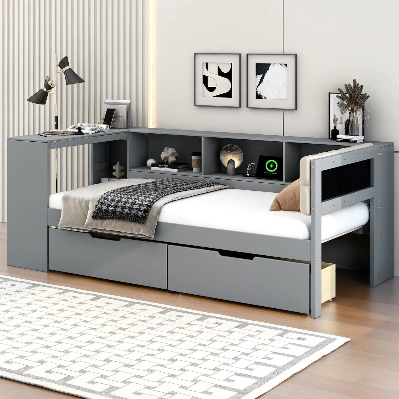 Upholstered Headboard Platform Bed With Storage Shelves, Drawers, Charging Station by Unique Piece Furniture