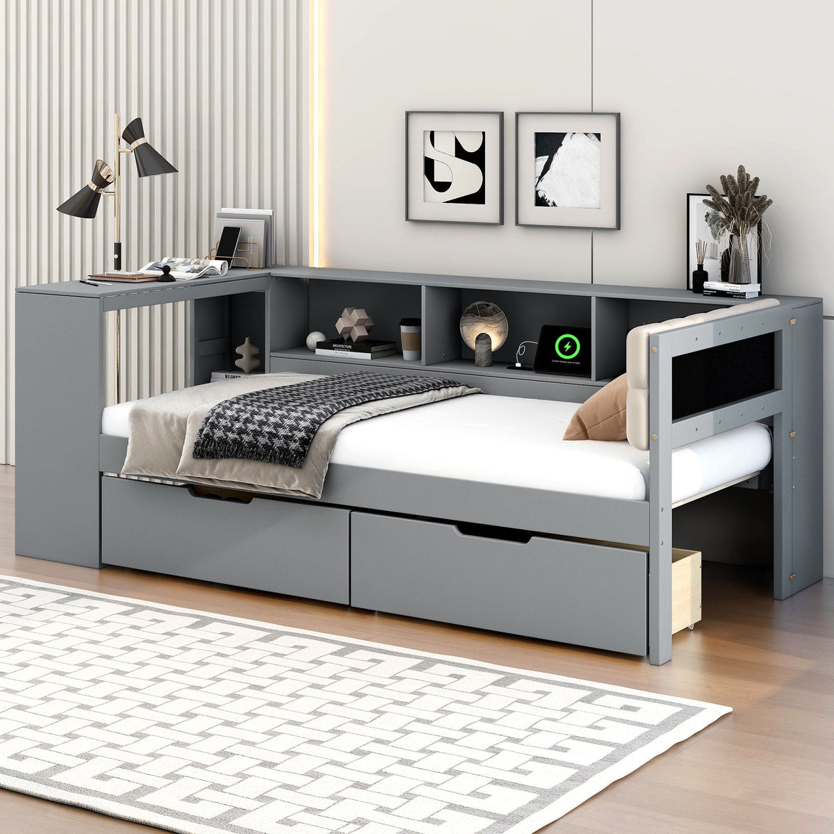 Upholstered Headboard Storage Bed with Shelves, Drawers, and Charging Station - Dark Gray or Beige, photo 30 of 40