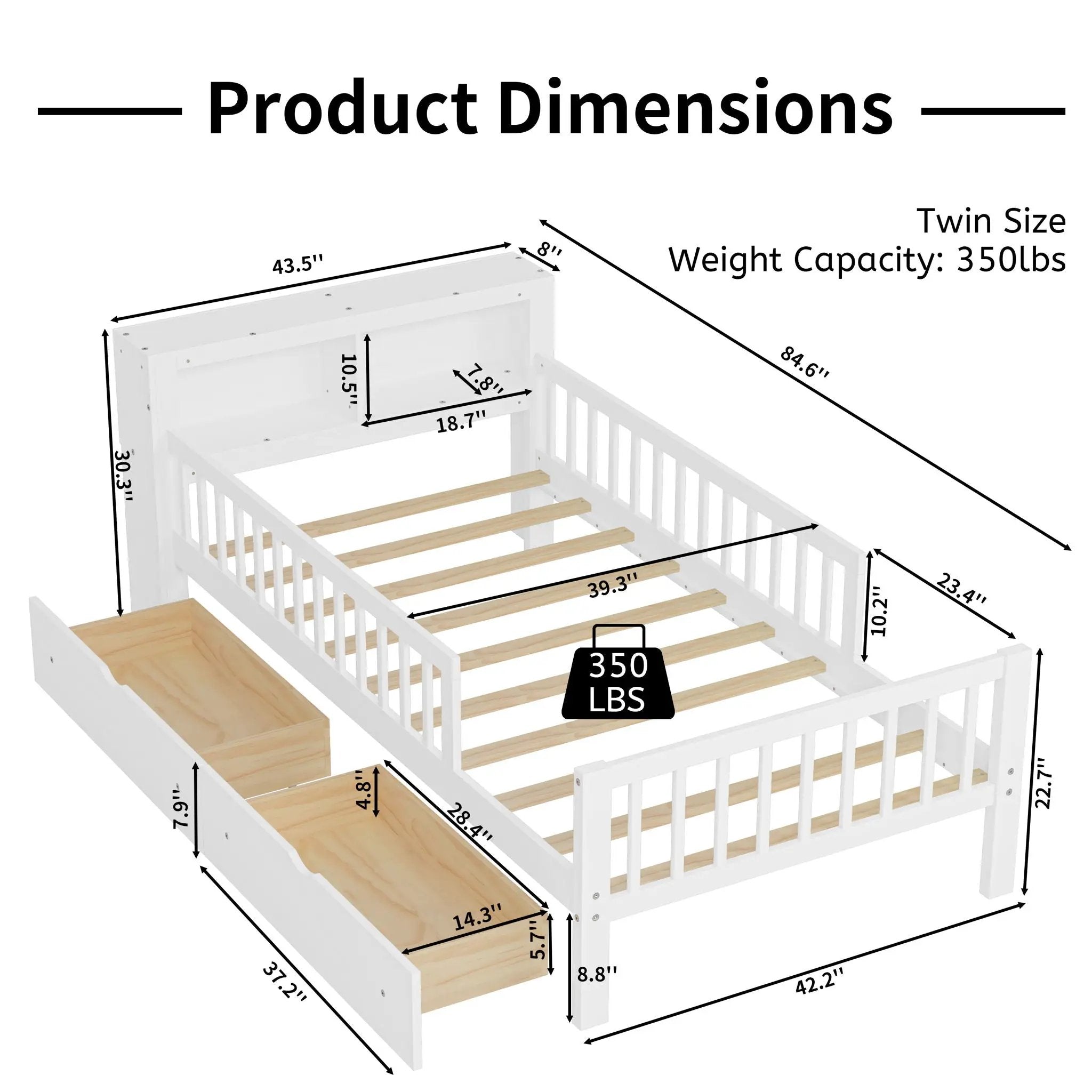 Bed With Headboard Storage Rack, 2 Under Bed Drawers, 3 Side Guardrails For Safety by HouseOfZazla