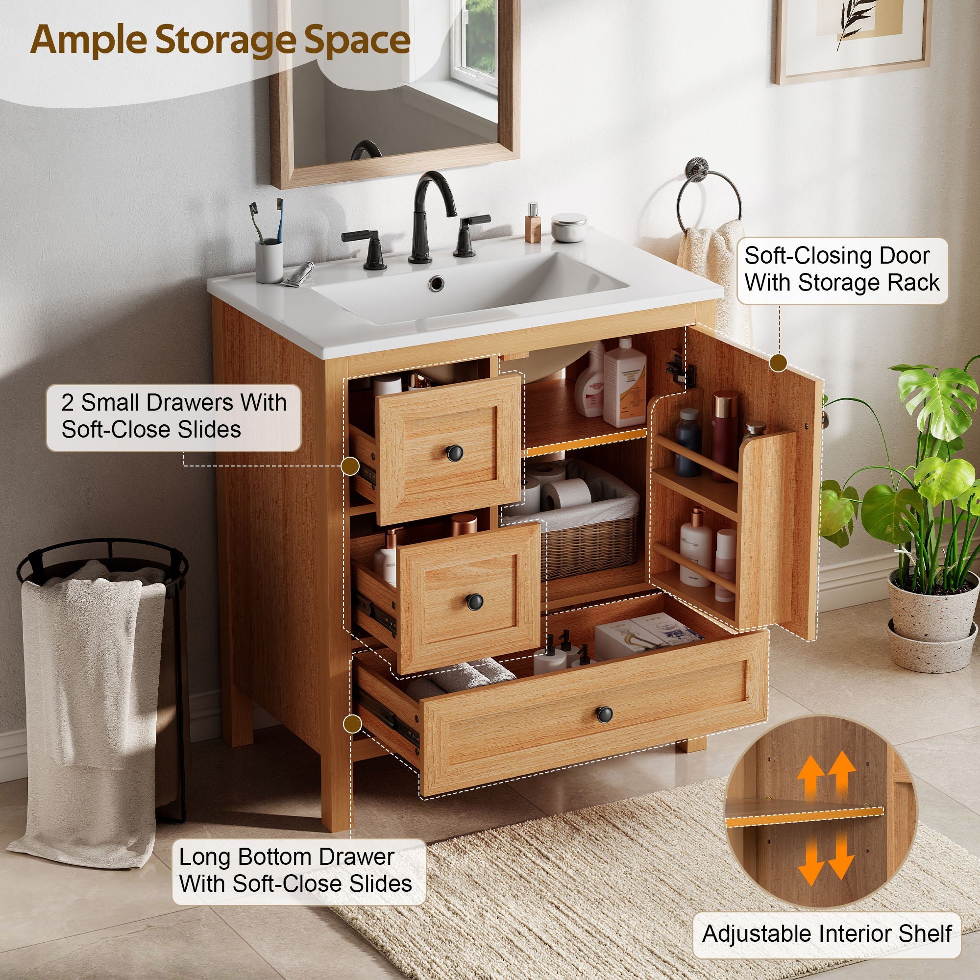 Modern Bathroom Vanity With Sink, Soft Close Drawers & Door, Storage Rack by HouseOfZazla