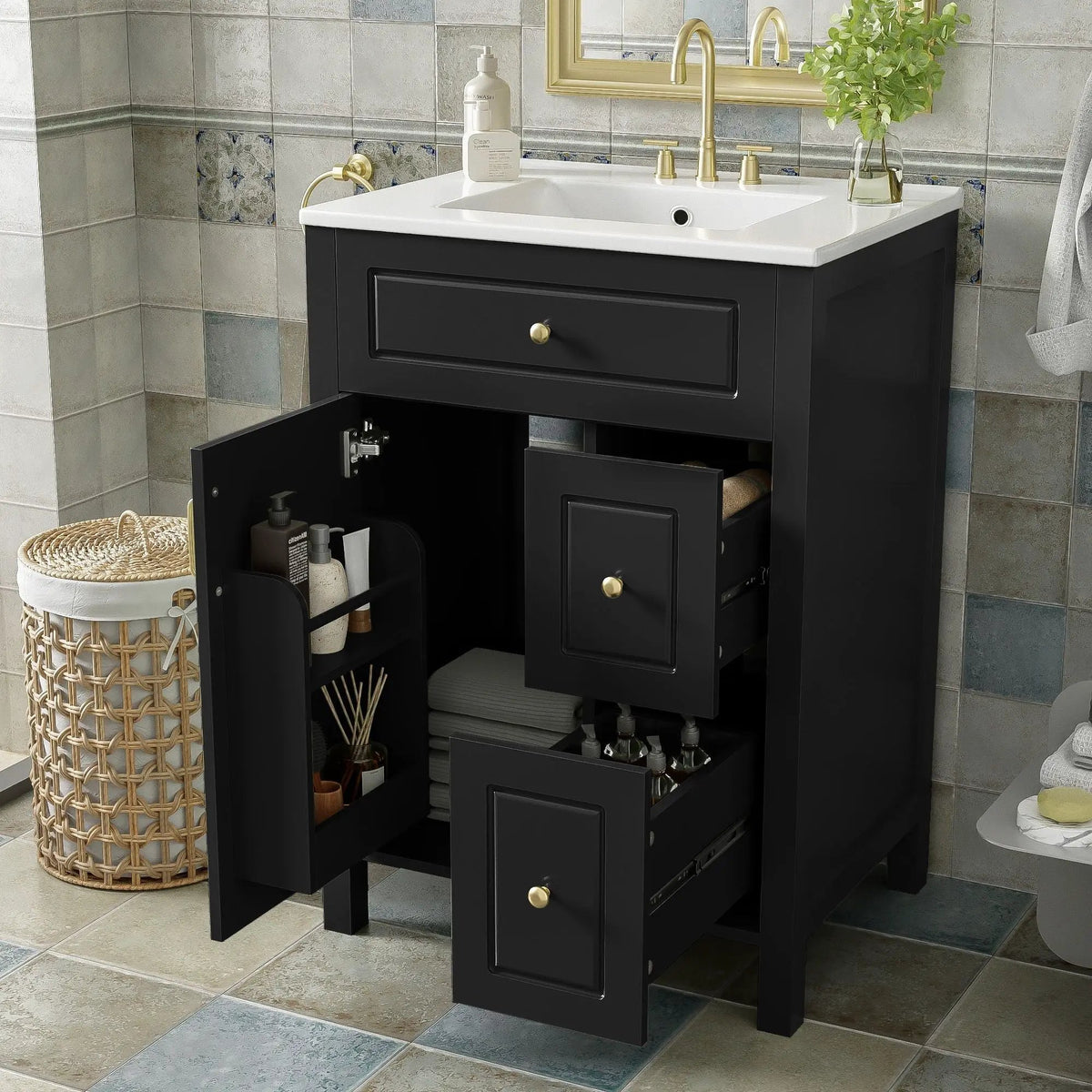 Elegant Bathroom Vanity With Ceramic Sink, Soft Close Doors And Drawers, Double Storage Racks, photo 16 of 20