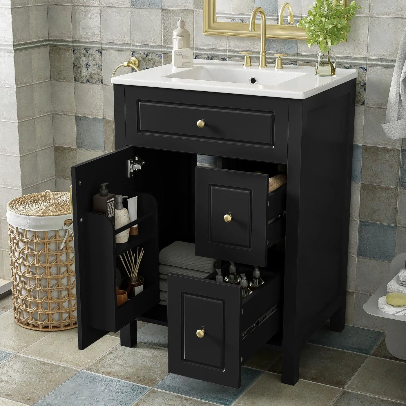 Elegant Bathroom Vanity With Ceramic Sink, Soft Close Doors And Drawers, Double Storage Racks by Unique Piece Furniture