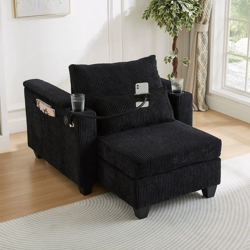 Convertible Chaise Lounge Sofa Chair With USB Ports, Cup Holders, Phone Holder And Storage by HouseOfZazla