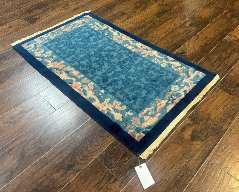 Blue Chinese Rug 2.6 x 4, Fete Rug, Peking Rug, Chinese Wool Rug, Art Deco Carpet by Jewel Rugs