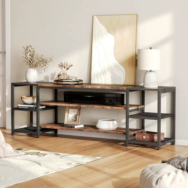 TV Stand For TVs, Extra Long With 3 Tier Ventilated Shelves - Rustic Brown