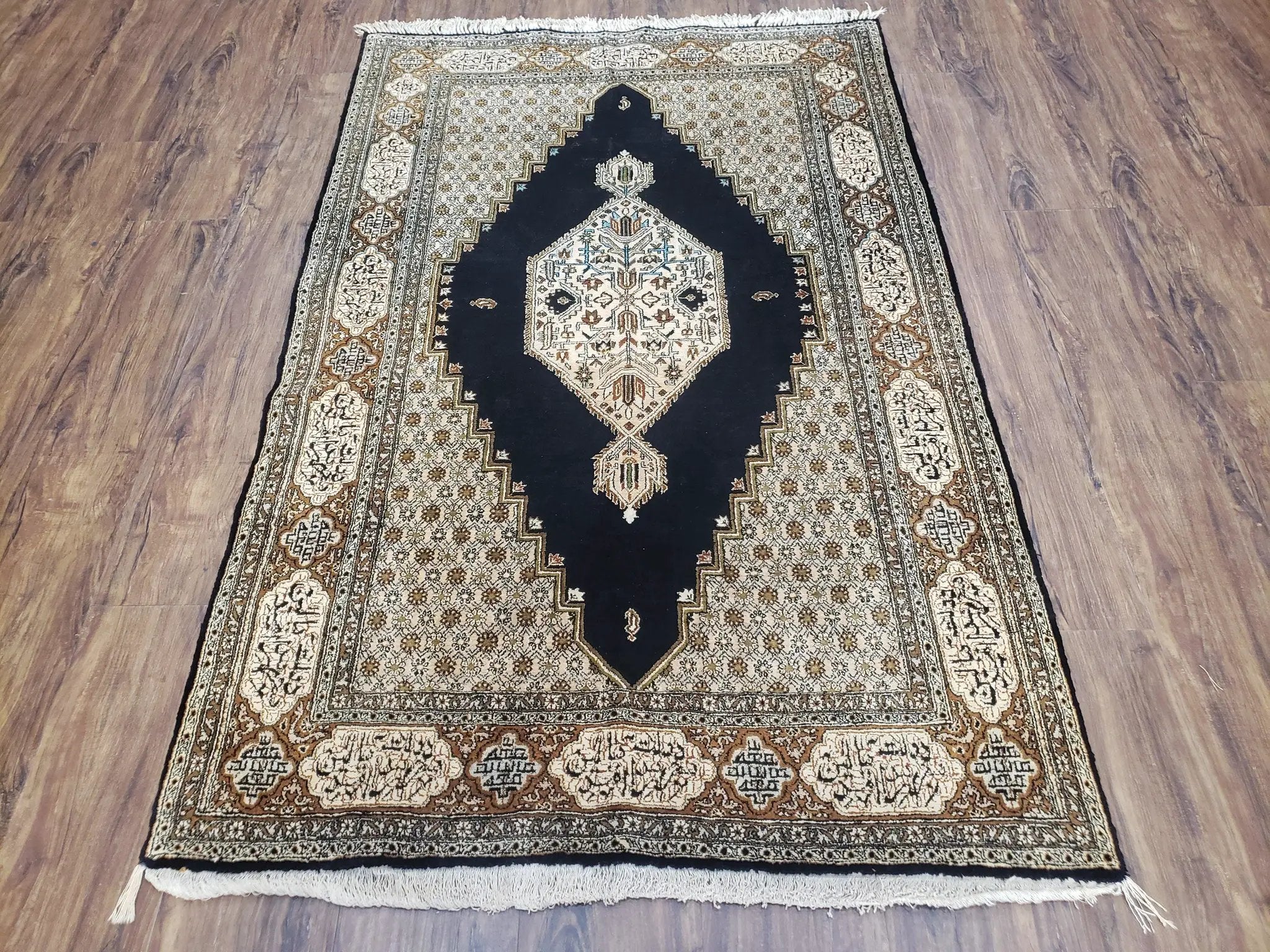Persian Silk Qum Rug, Silk on Silk, Black Golden Brown and Beige, Hand-Knotted, 3'6" x 5' 5" by Jewel Rugs