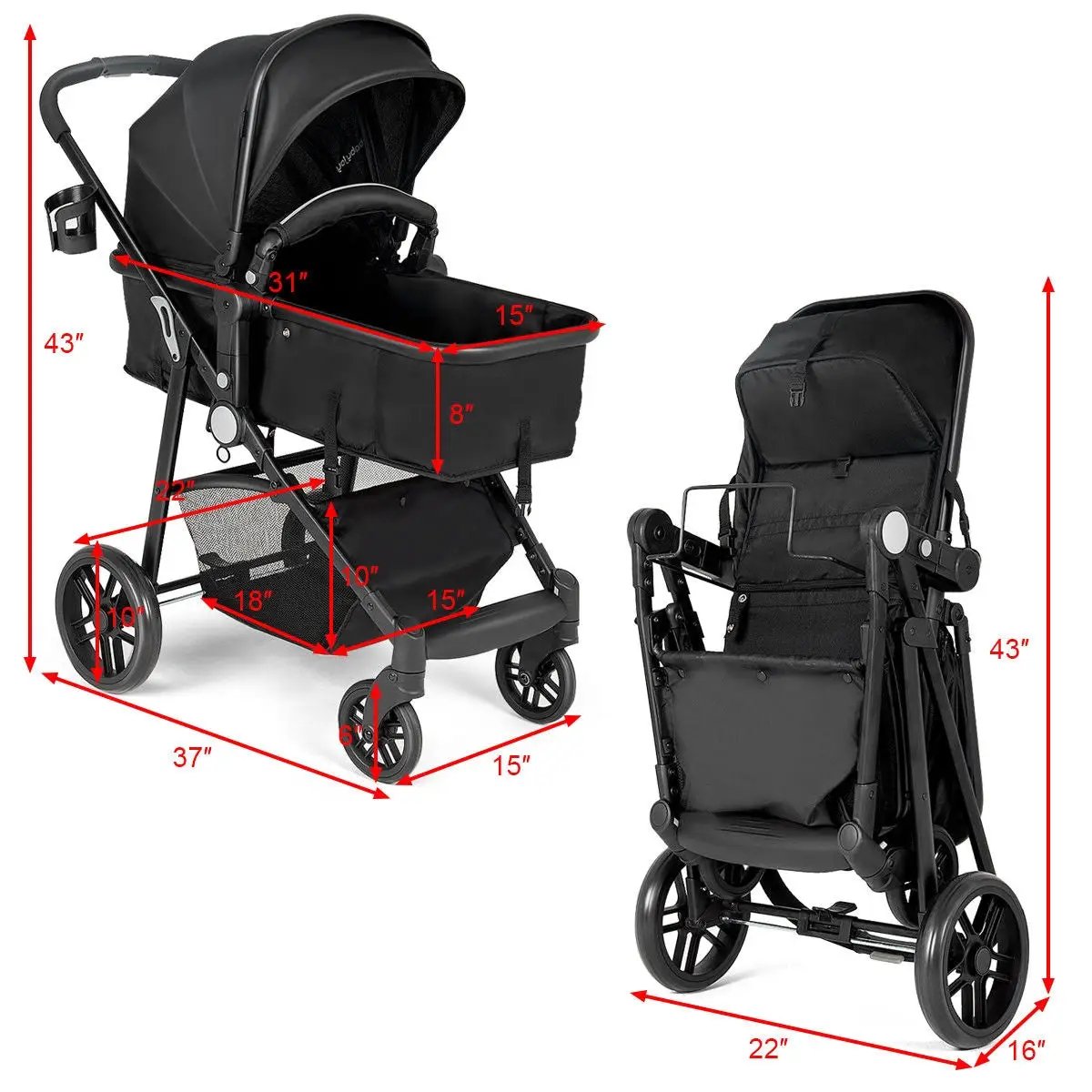 2-in-1 Foldable Pushchair Newborn Infant Baby Stroller by DirectDeals
