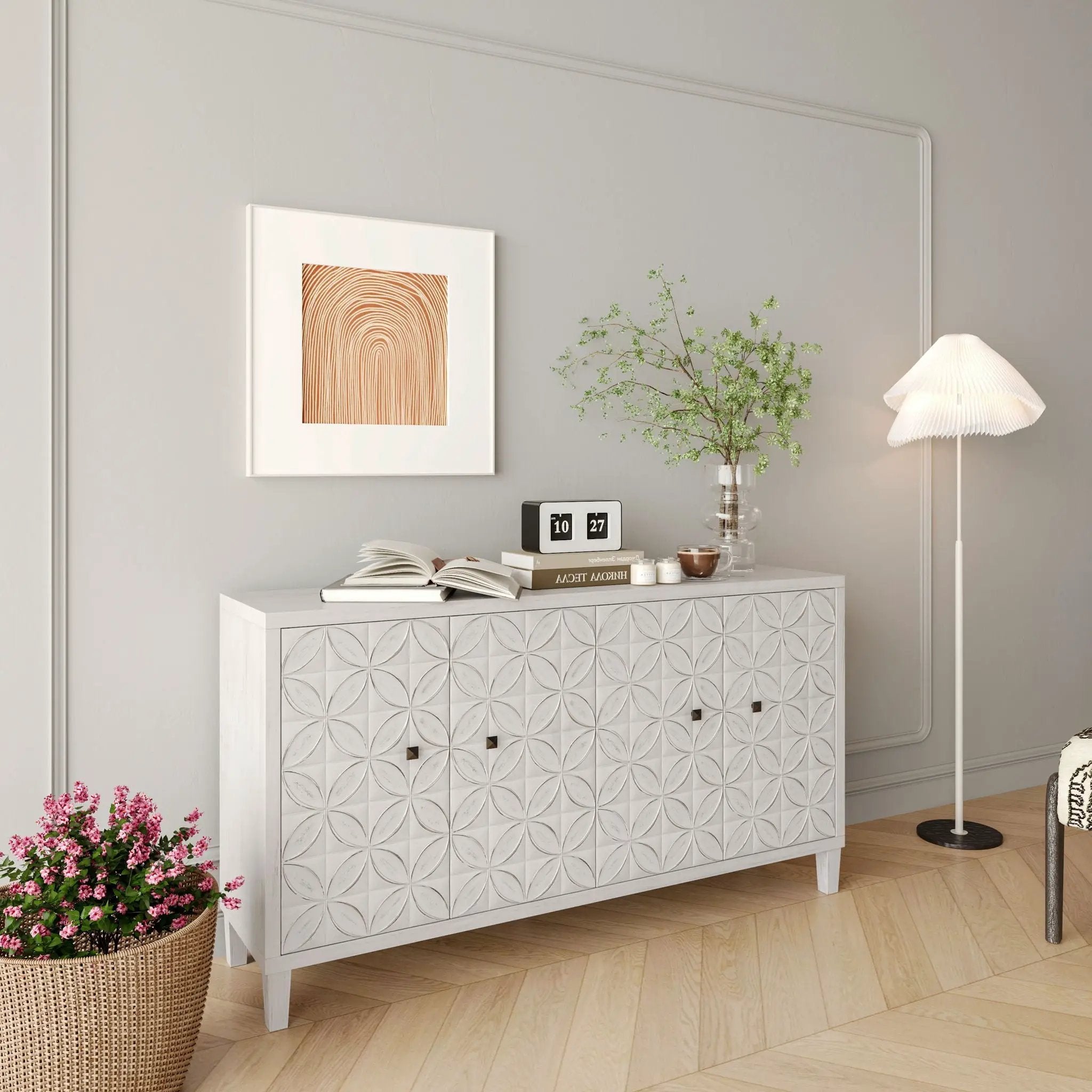 Accent Cabinet 4 Door Wooden Cabinet Sideboard Buffet Server Cabinet Storage Cabinet, For Living Room, Entryway, Hallway, Office, Kitchen And Dining Room - White Wash by HouseOfZazla
