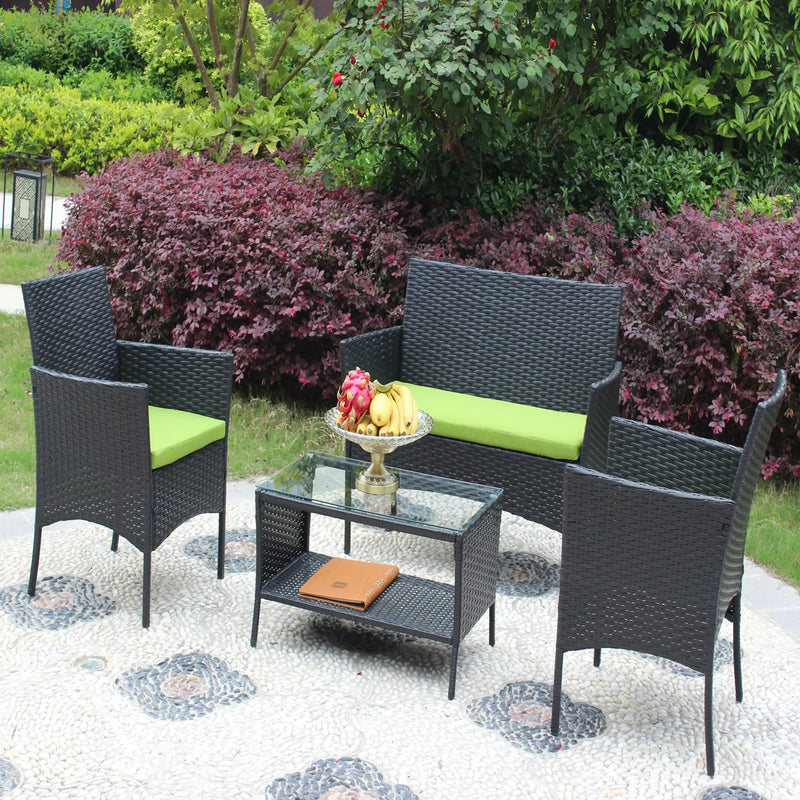 4 PC Rattan Patio Furniture Set Outdoor Cushioned Wicker Sofa Green Cushion by HouseOfZazla