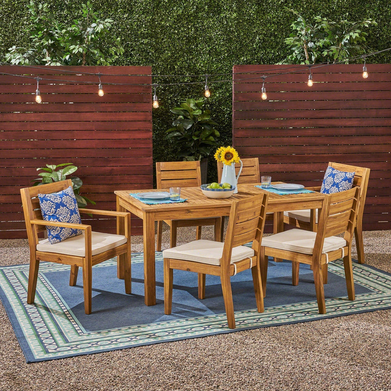 Outdoor 6 Seater Expandable Dining Set With Cushions - Sandblasted Natural / Beige by HouseOfZazla