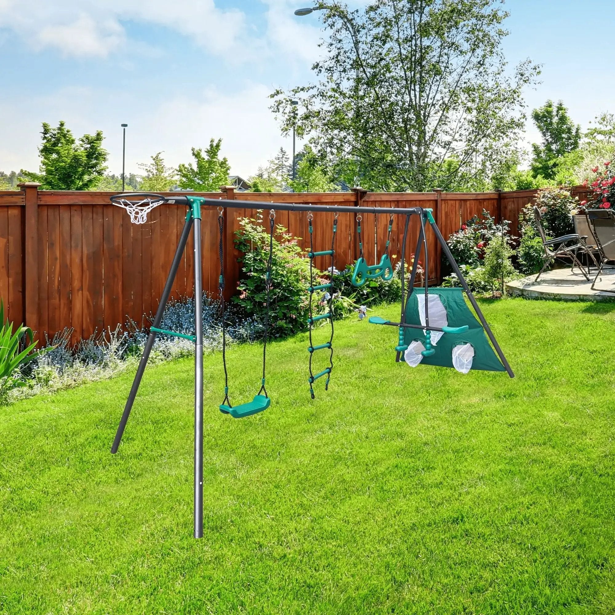Interesting Four Function Swingset With Face To Face Metal Plastic Safe Swing Seat 550Lbs For Outdoor Playground For Age 3+ - Blackish Green by HouseOfZazla