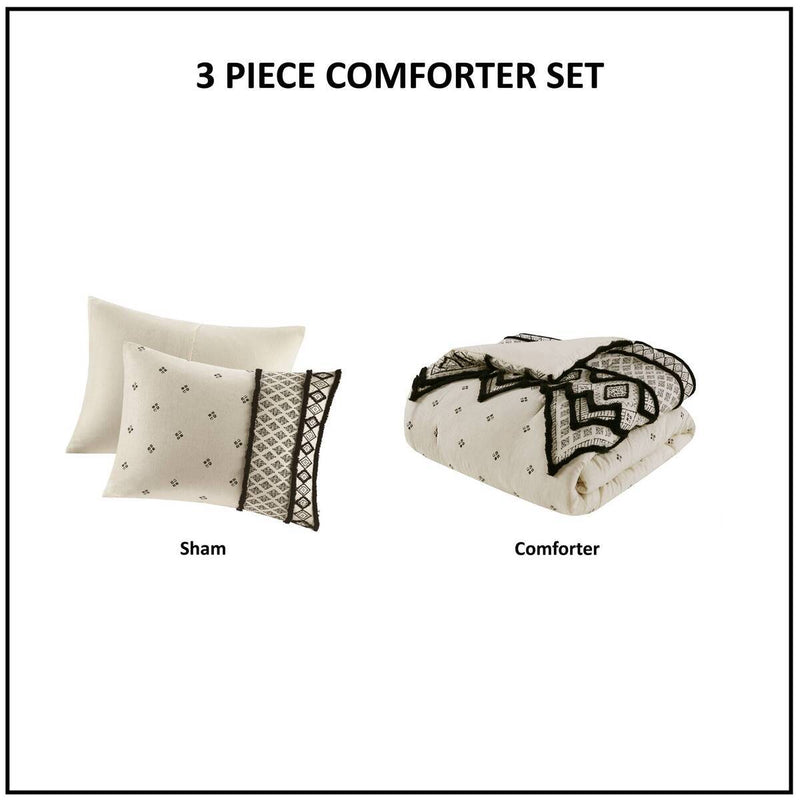 3 Piece Cotton and Flax Linen Blend Comforter Set Natural Full/Queen by HouseOfZazla