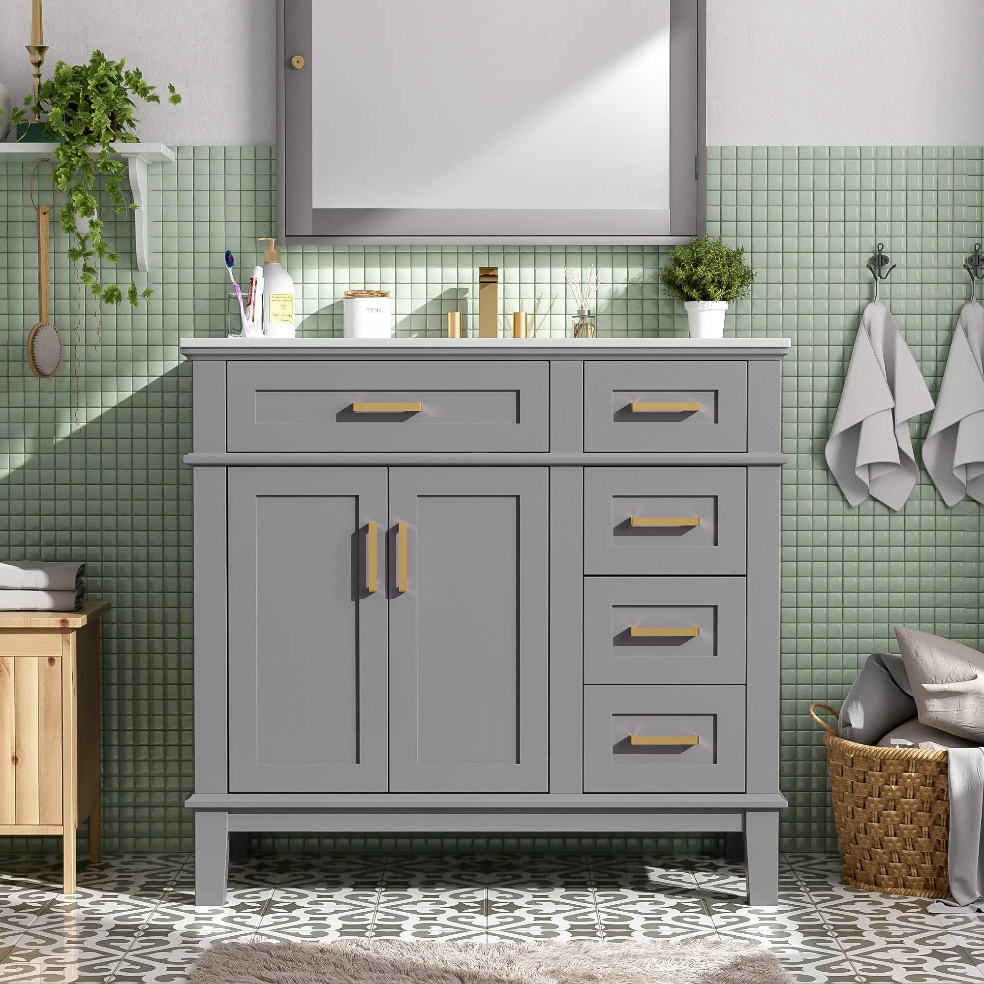 36" Gray Modern Bathroom Vanity with Ceramic Sink by HouseOfZazla