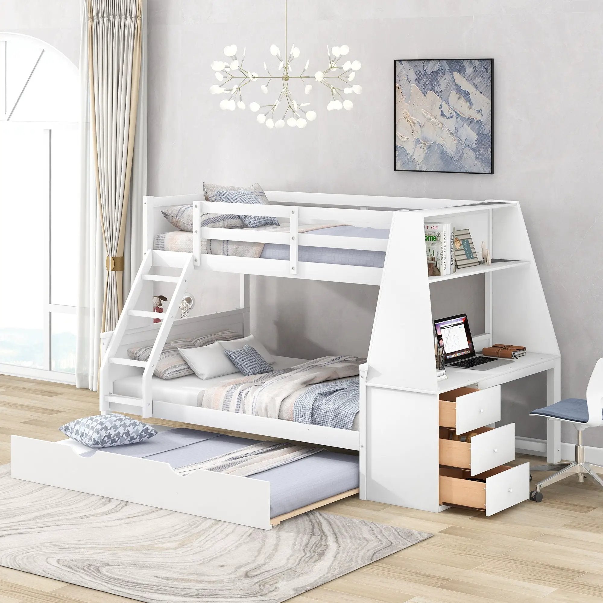 Bunk Bed With Trundle And Built In Desk, 3 Storage Drawers And Shelf by HouseOfZazla