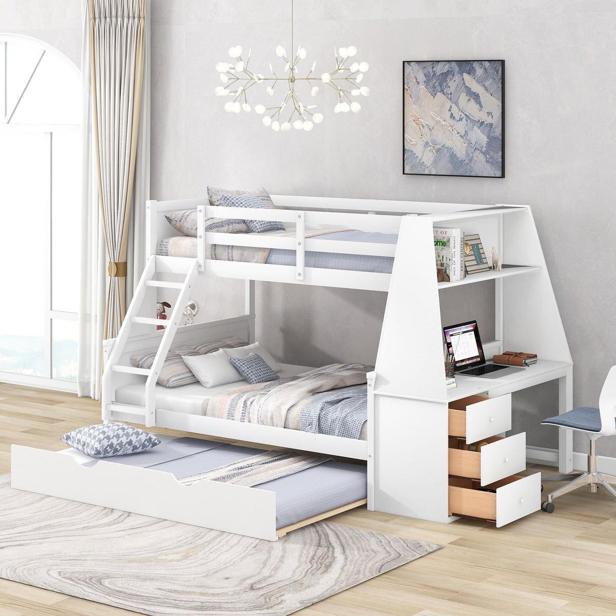 Bunk Bed With Trundle and Built-In Desk with Storage Drawers - White or Dark Gray, photo 21 of 22
