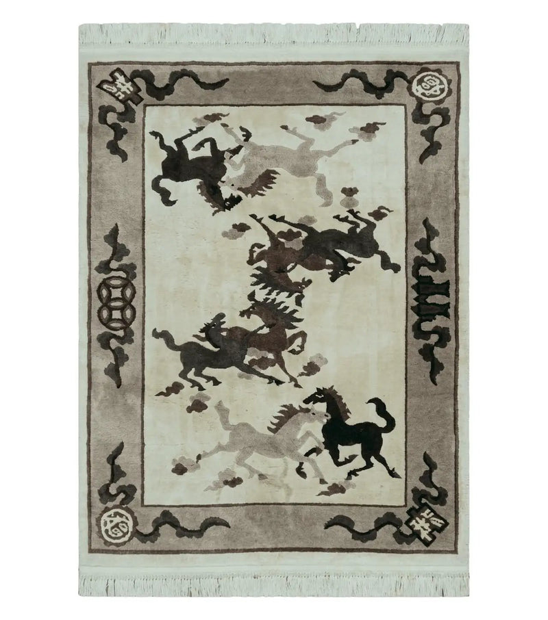 4' X 6' Modern Tibetan Nepal Art Deco Chinese Hand Knotted Wool Rug Horses Nice by Jewel Rugs