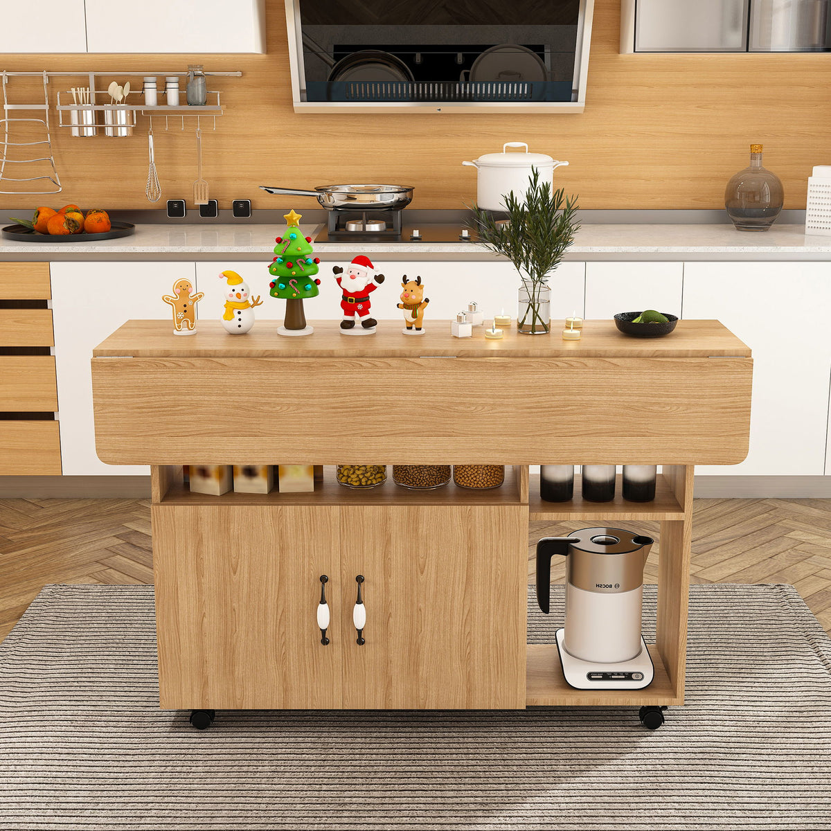 Multi Functional Folding Table with Storage Shelves and Wheels - Light Brown or Dark Brown, photo 9 of 12