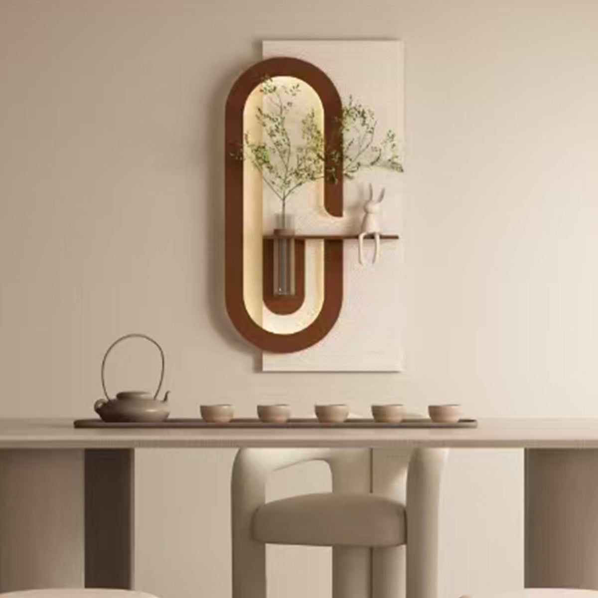 Adjustable LED Sandstone Wall Decor with 3D Art, Glass Vase & Rabbit Statue - Light Coffee, photo 10 of 13