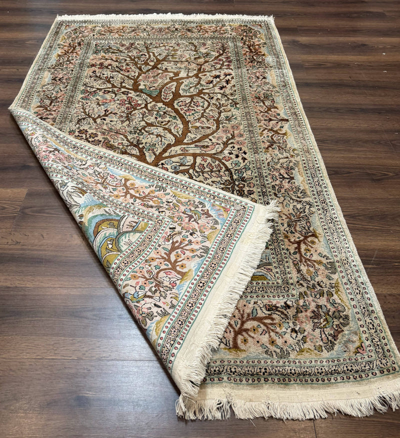 Indian Kashmiri Silk Rug 4x7, Tree of Life Design, Very Fine 380 KPSI, Birds by Jewel Rugs